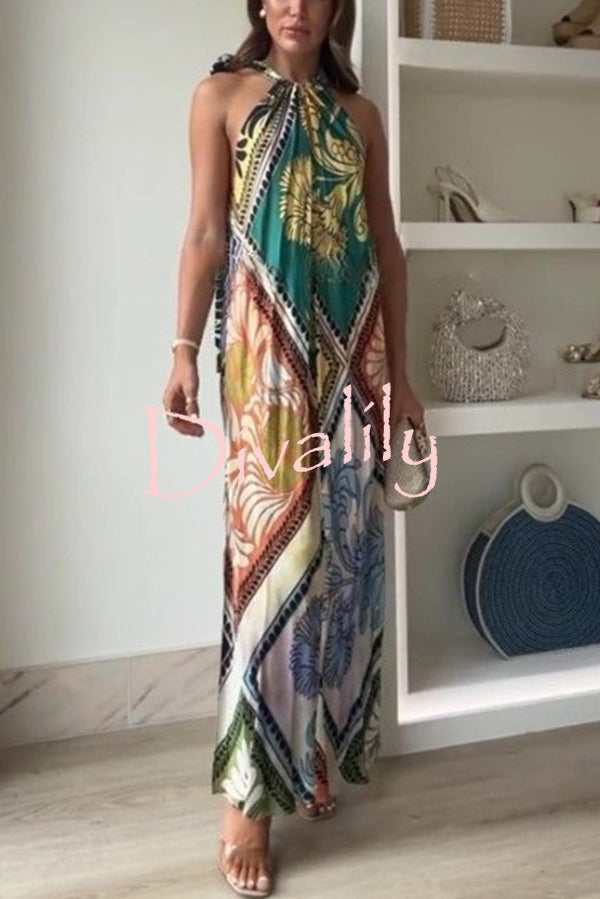 Unique Printed Halterneck Sleeveless Loose Lace-up Midi Dress