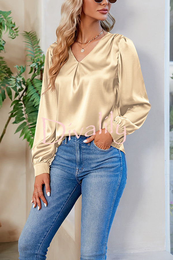 Satin Pleated V-neck Long-sleeved Loose Shirt