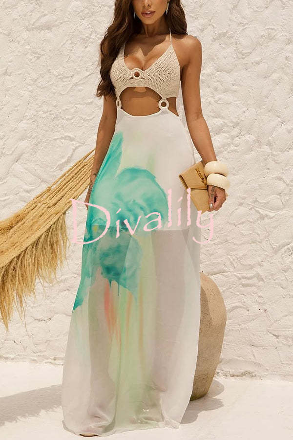 Lily Crochet Knit Bust Ring Floral Print Tulle Hem Maxi Dress