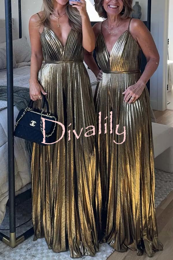 Disco Fashion Metallic Fabric Pleated V-Neck Slip Wide Leg Jumpsuit