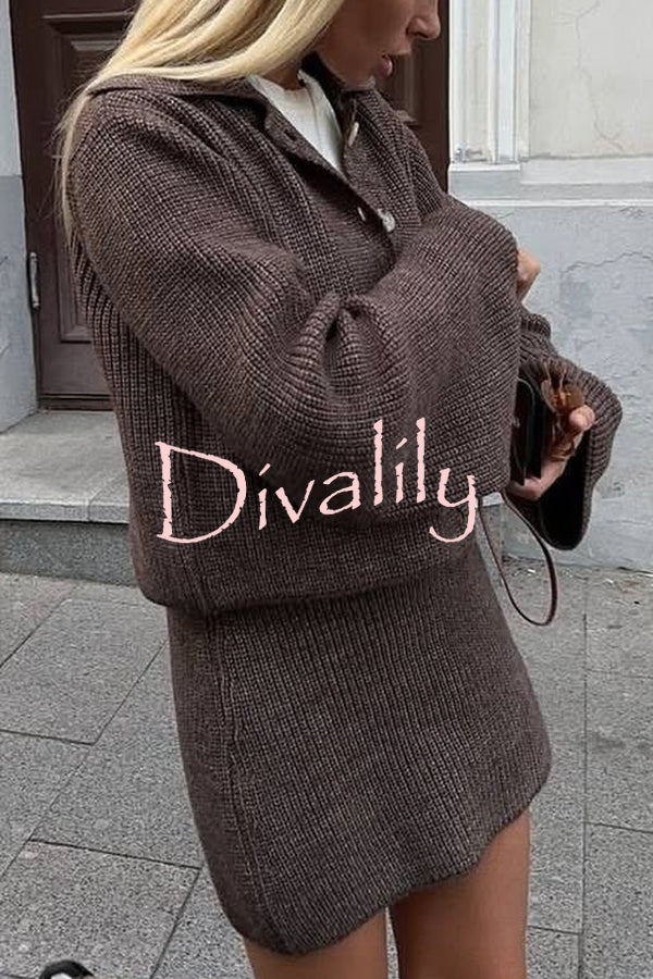 Fashion Lapel Bell Sleeve Knitted Cardigan and Casual Mini Skirt Set