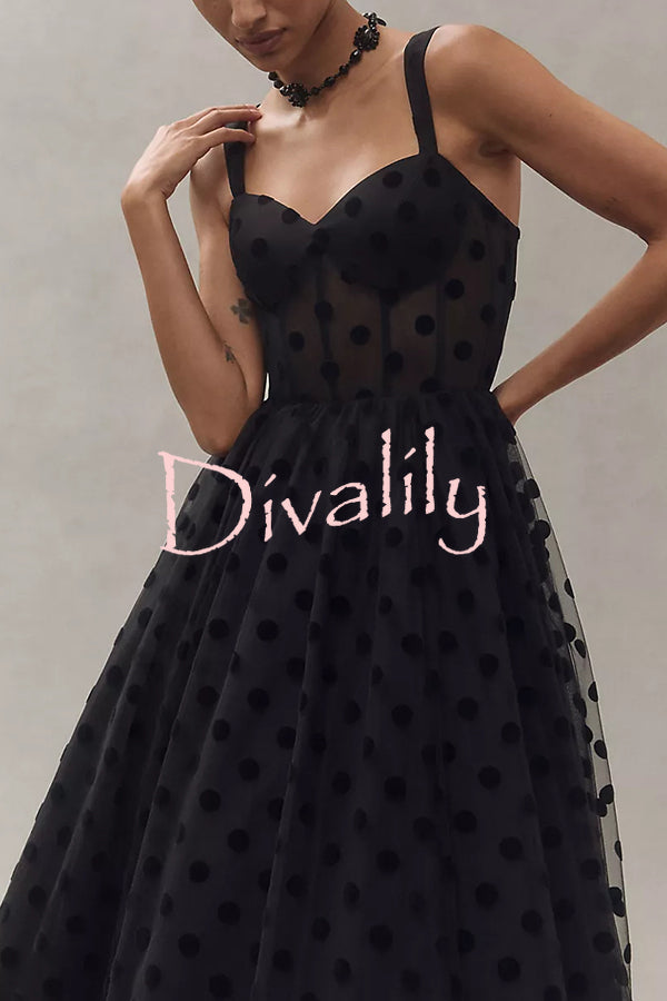 Perfect Guest Tulle Polka Dot Sweetheart Bustier A-Line Midi Dress