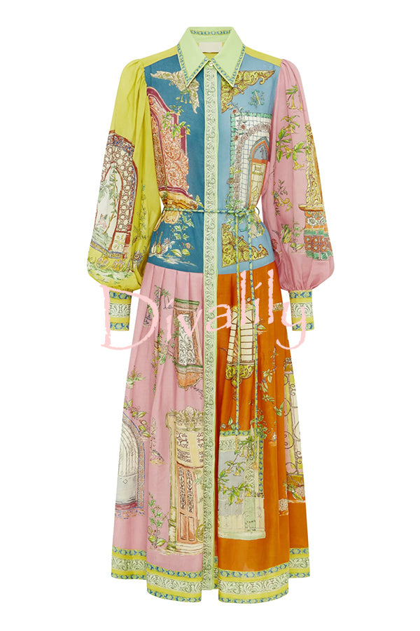 Unique Print Lapel Lantern Sleeve Single Breasted Tie Waist Midi Dress