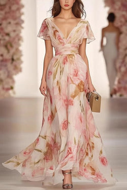 Floral Print V-neck Short-sleeved Waist Casual Maxi Dress
