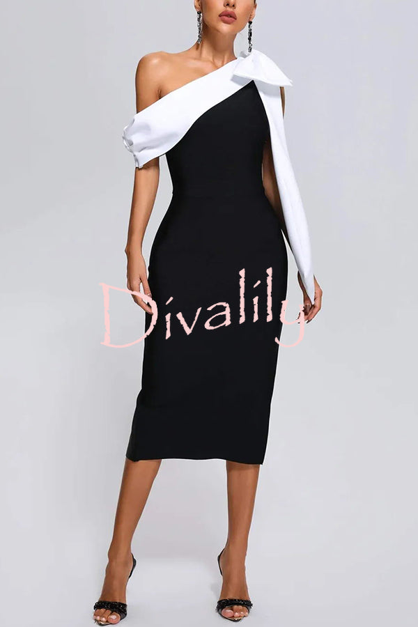 Elegant Evening Look One Shoulder Bandage Bow Stretch Midi Dress