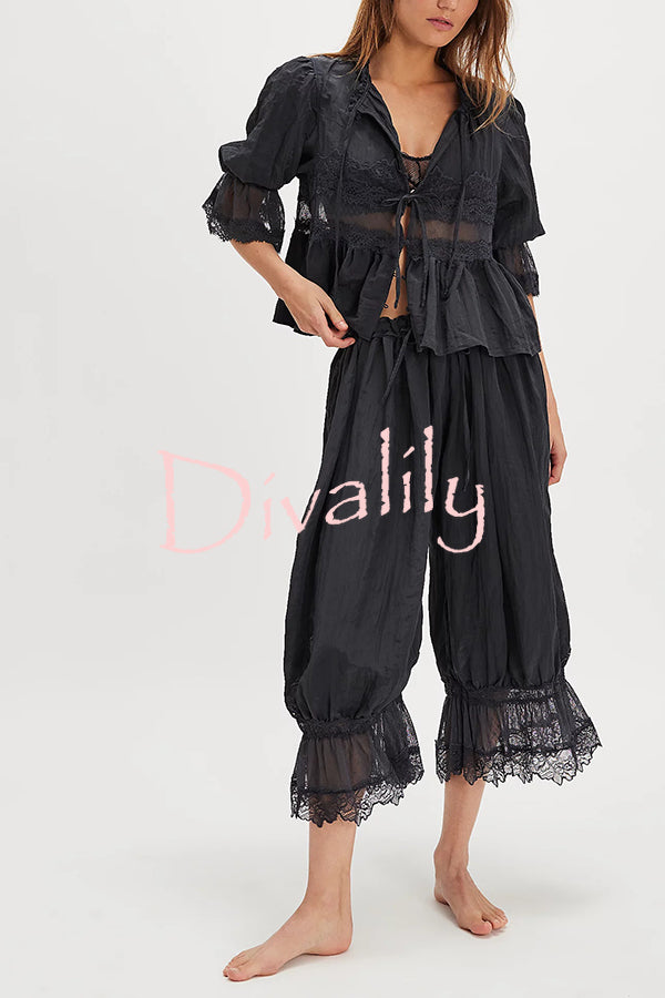 Pastoral Style Elastic Waist Lace Hem Bloomer Pants