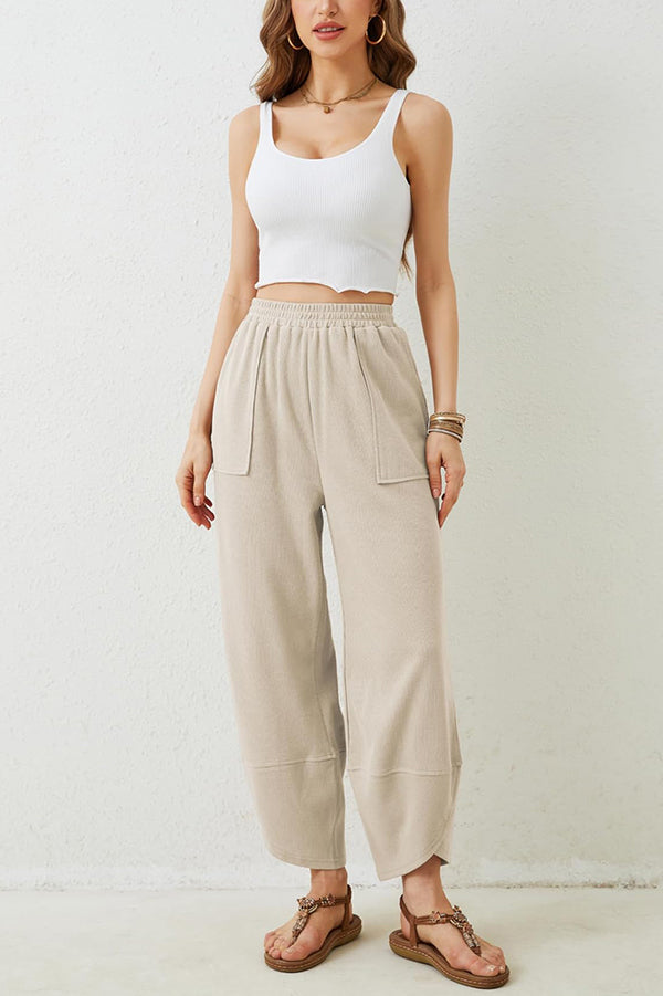 Solid Color Casual Elastic Waistband Wide-leg Pants