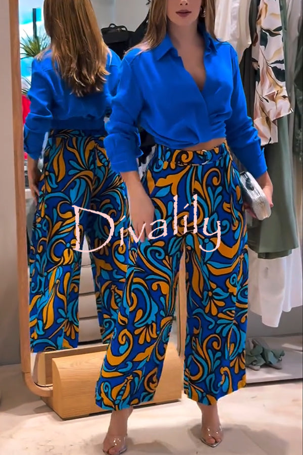 Ocean Heart Linen Blend Printed Ruched Hem Blouse and Belted High Rise Pocket Loose Pants Set