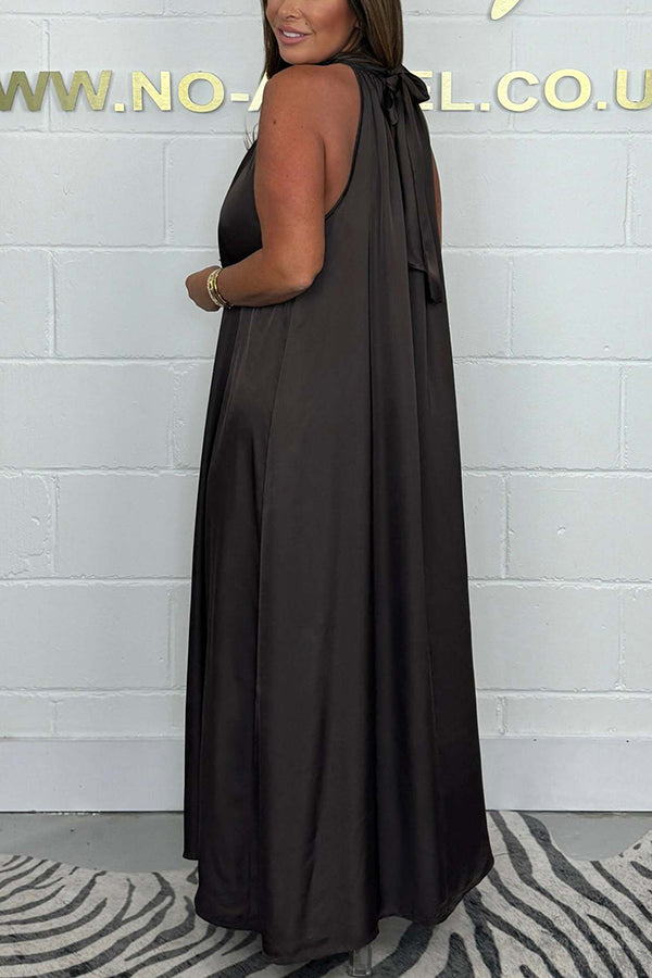 Solid Sleeveless High Neck Lace Up Loose Maxi Dress