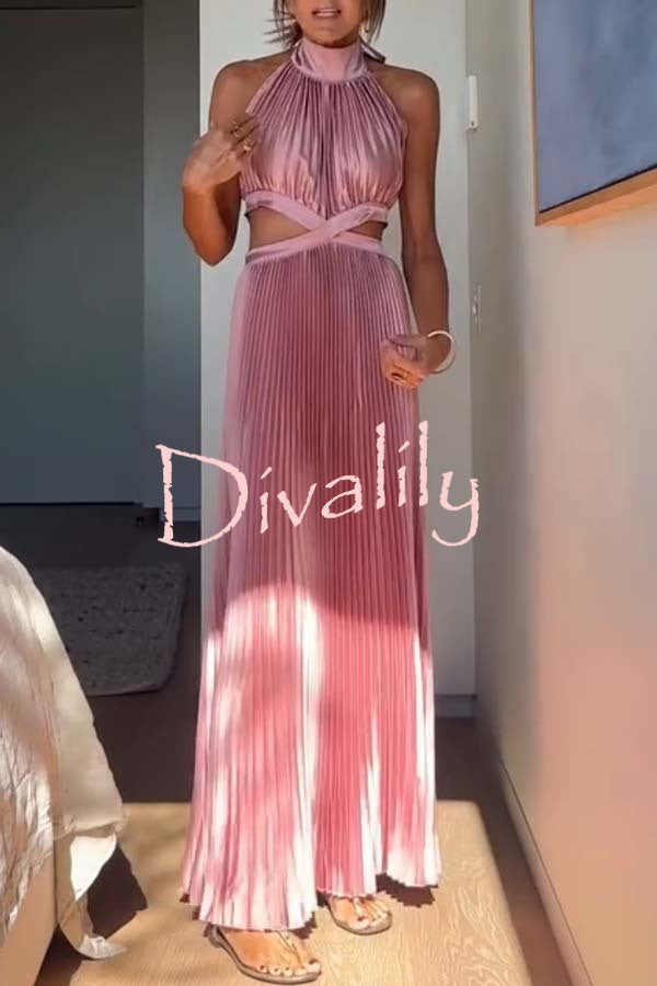 Stunning Choice Satin Pleated Halter High Neck Cutout Waist Backless Maxi Dress