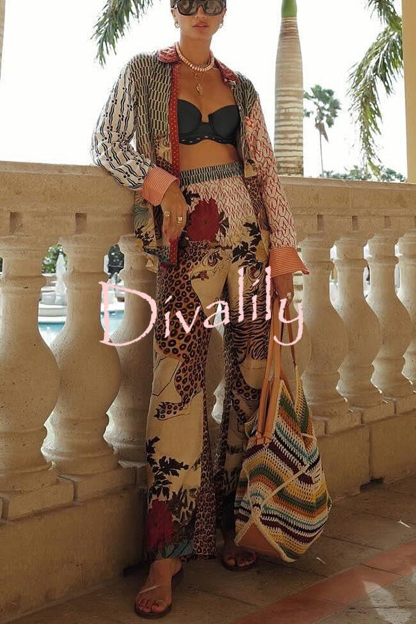 Tropical Jungle Tiger Unique Print Long Sleeve Loose Shirt and Elastic Waist Pants Set