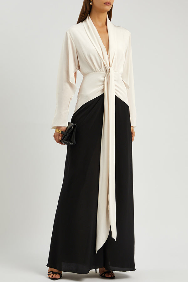 Fashion Contrast Color V-neck Tie High Waist Drape Maxi Dress