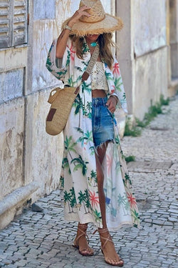 Resort Style Botanical Print Tie-waist Long Cover-up