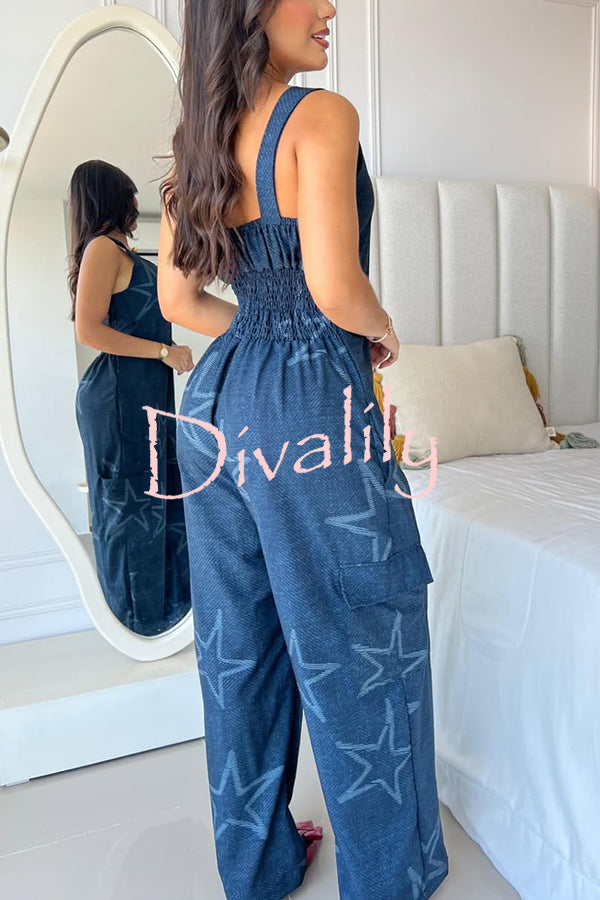 Fashion Cartoon Print Loose Round Neck Back Pleated Casual Pocket Wide Leg Jumpsuit