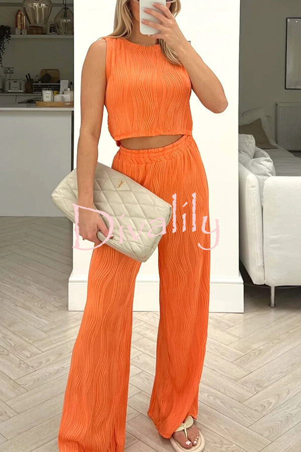 Solid Color Water Wave Crew Neck Tank Top and Elastic Waist Straight Pants Set