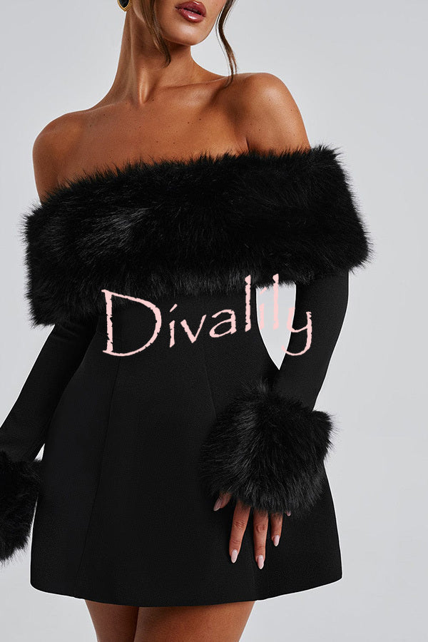 Cute and Luxe Faux Fur Trim Off Shoulder Bubble Shaped Mini Dress