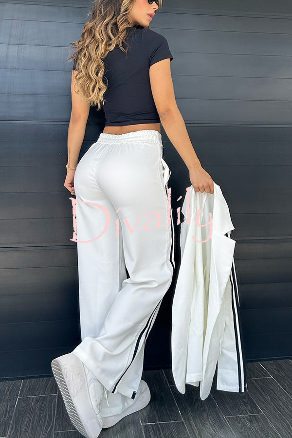 Sporty Mixed Formal Striped Trim Lapel Blazer and Elastic Waist Pocket Loose Pants Set