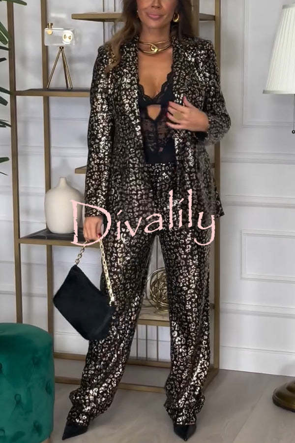 Mona Leopard Metallic Fabric Lapel Boyfriend Blazer and Elastic Waist Pocketed Loose Pants Set