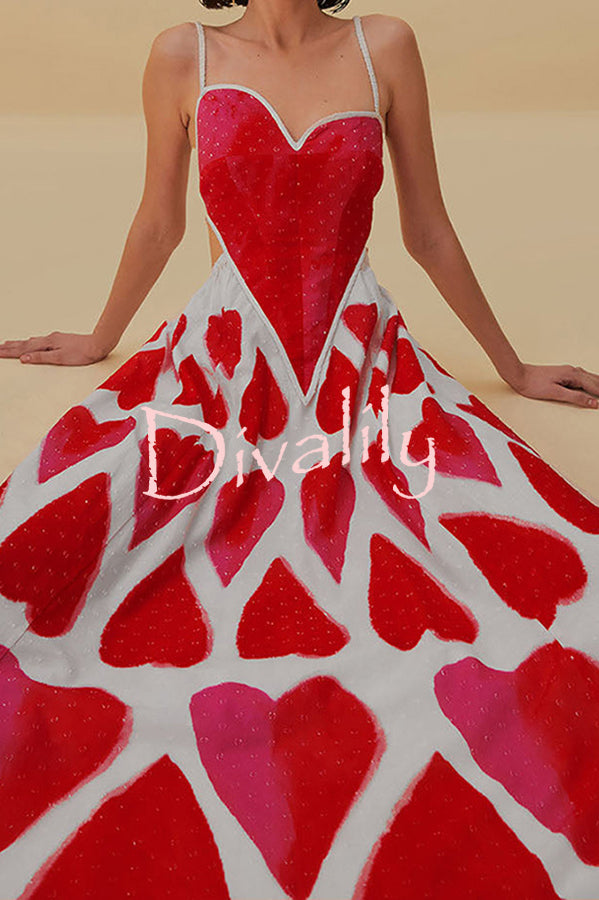 Full of Love Heart Shape Print Cutout Spaghetti Strap Backless Maxi Dress