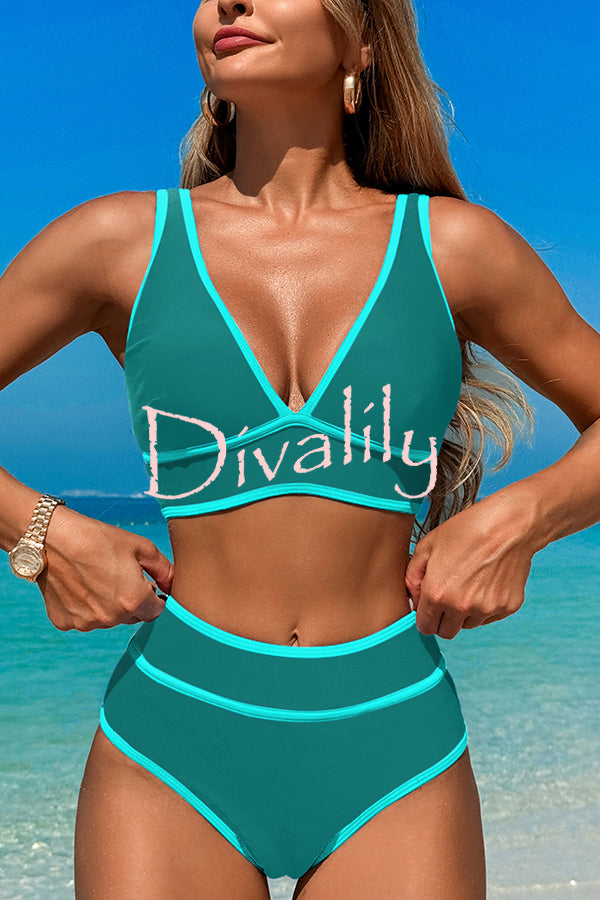 Solid Color Contrast High Waist Stretch Bikini Swimsuit