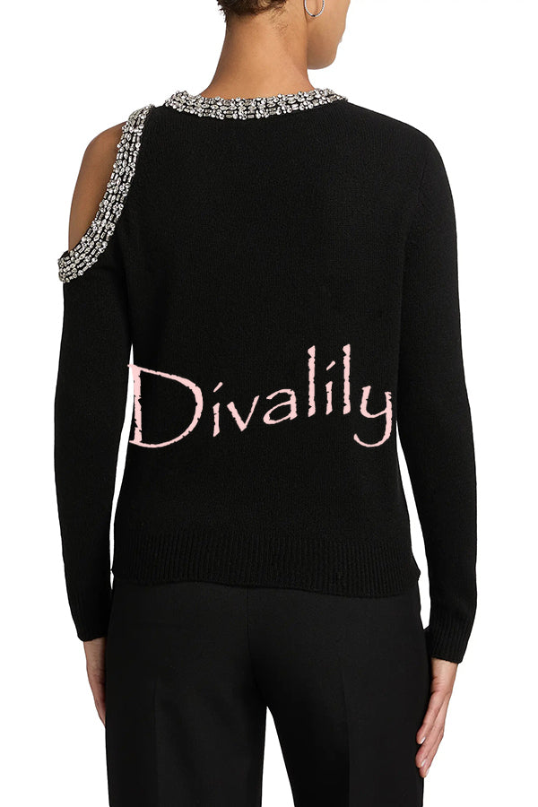 Holiday Party Knit Crystal-Embellished Cut-out Shoulder Long Sleeve Top
