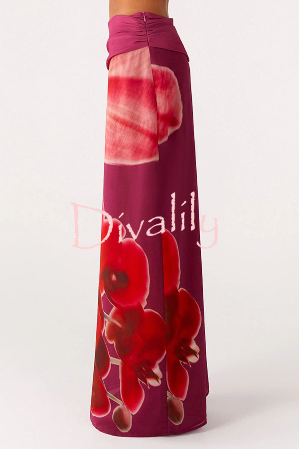 Sexy Deep V Backless Draped Camisole Top and Floral Print Chiffon Maxi Skirt Set