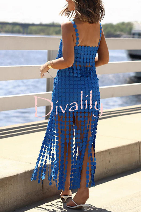 Caitlin See Through Circle Embroidery Elastic Waist Tassle Hem Maxi Skirt