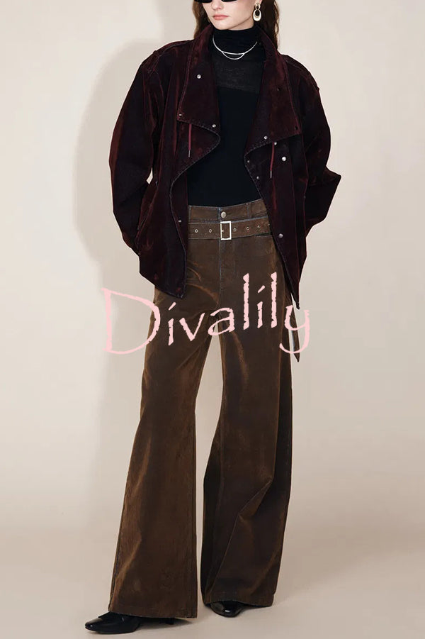 Taylor Denim Mid Rise Detachable Belt Flocked Pocket Wide Leg Jeans