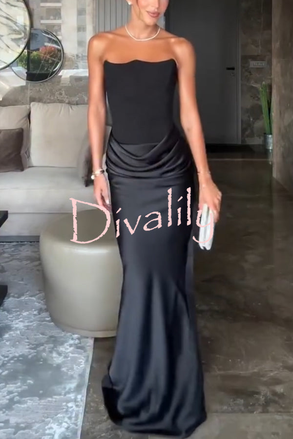 Attend The Gala Strapless Corset Satin Ruched Hip Drape Maxi Dress