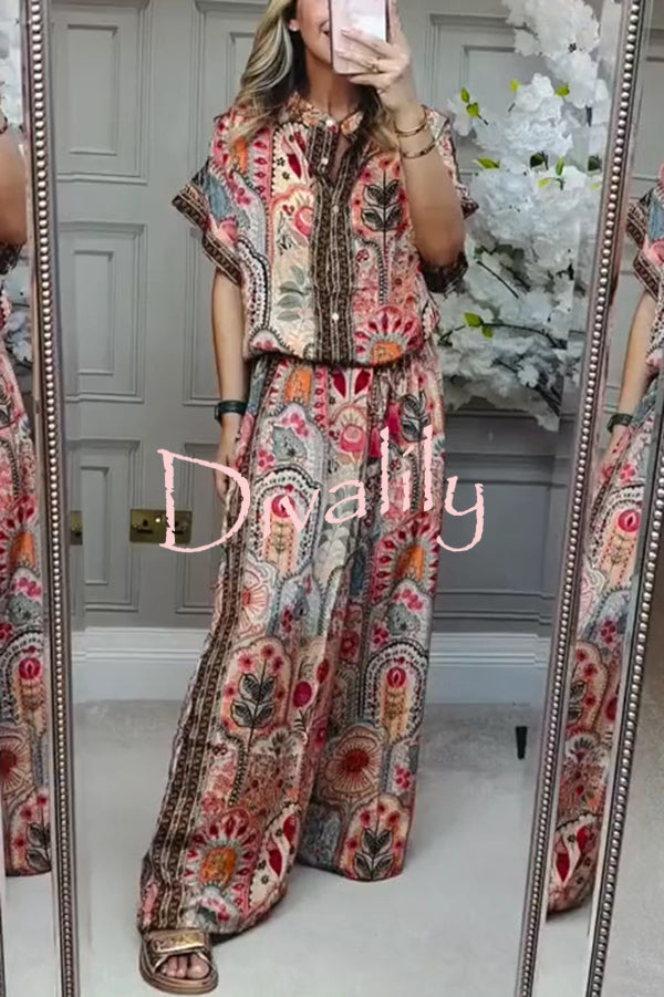 Unique Printed Loose Short-sleeved Top and Elastic Waist Casual Wide-leg Pants Set