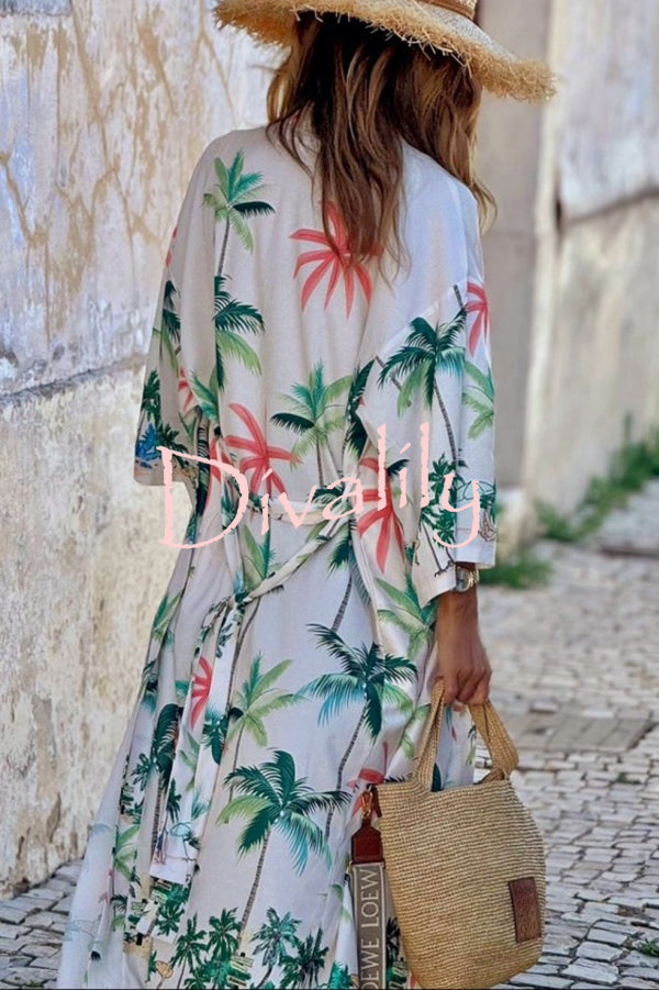 Resort Style Botanical Print Tie-waist Long Cover-up