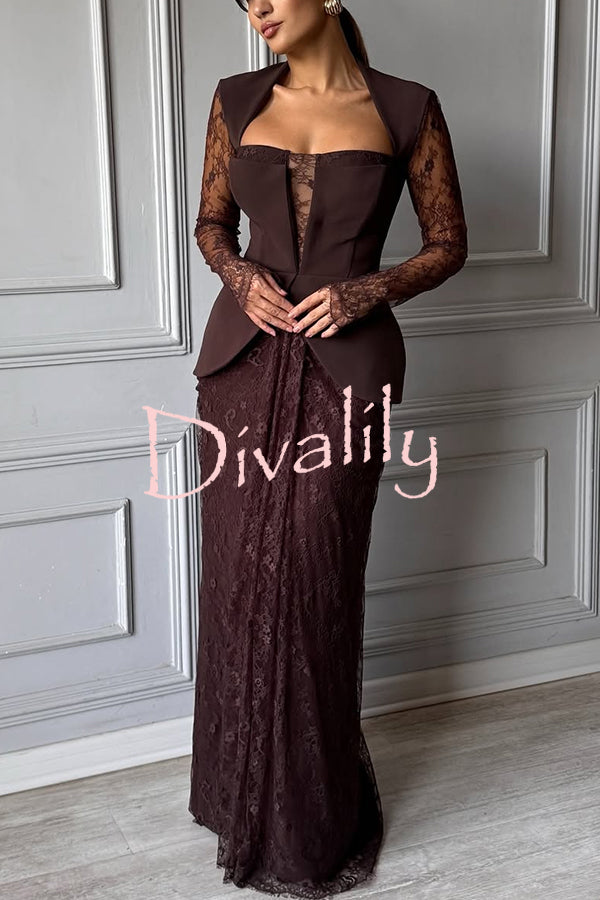 Belle Contrast Sheer Lace Fabric Patchwork Square Neck Long Sleeve Drape Maxi Dress
