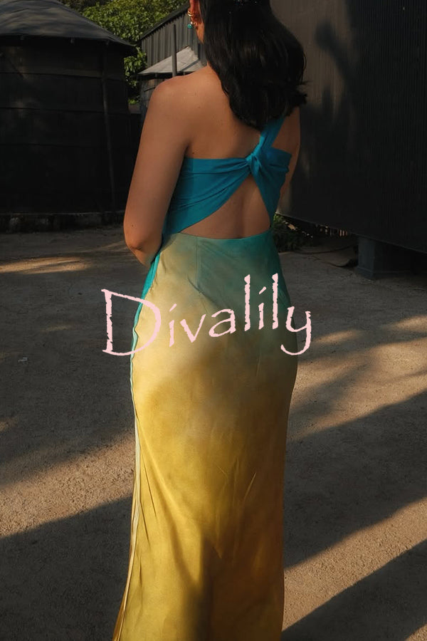 Satin Ombre One Shoulder Backless Fitted Maxi Dress
