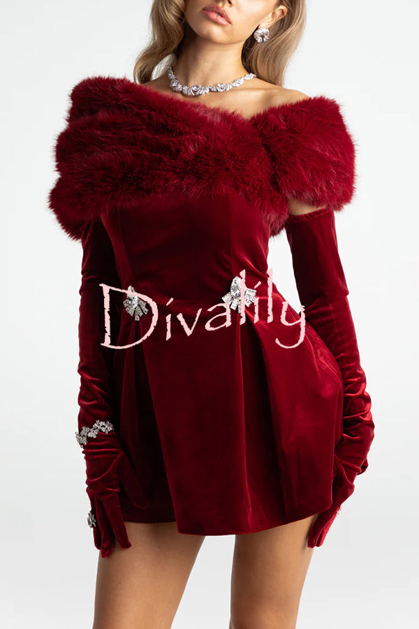 Luxury Chic Velvet Removable Faux Fur Collar Shiny Buckles Mini Dress