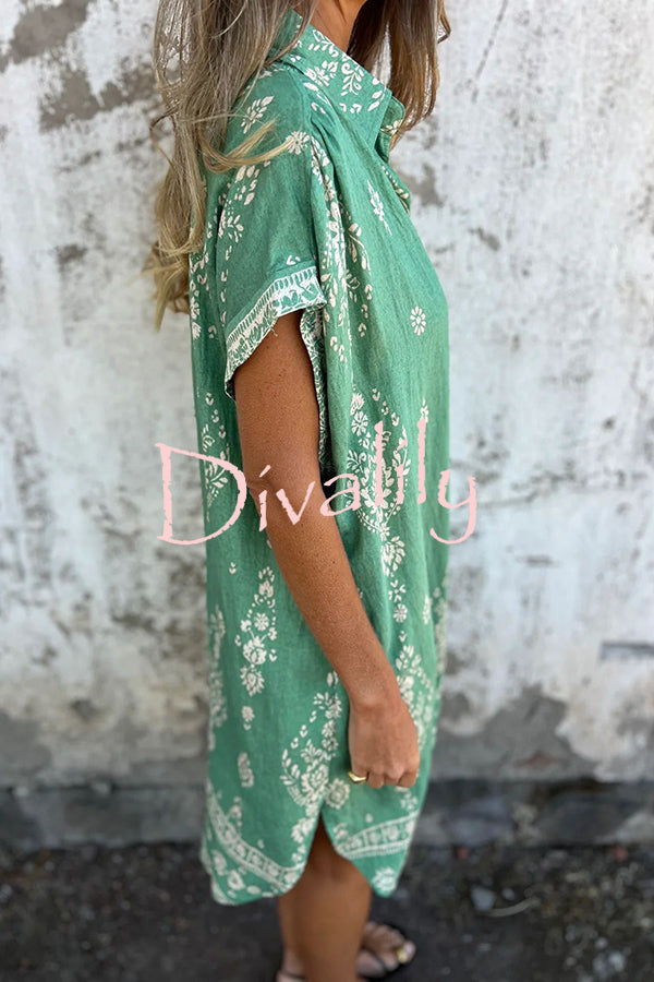 Linen Blend Unique Print Lapel Casual Pocket Mini Dress