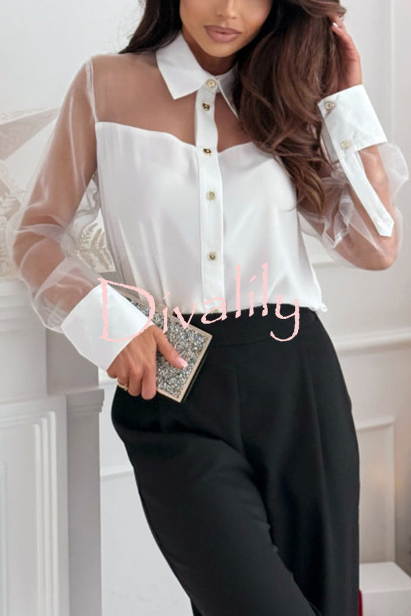 Solid Color Mesh Stitching Lapel Long Sleeve Elegant Shirt