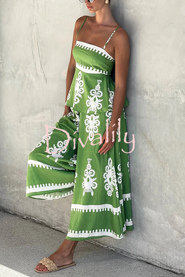 Unique Ethnic Print Suspender Pleated Top and Elastic Waist Loose Wide-leg Pants Set