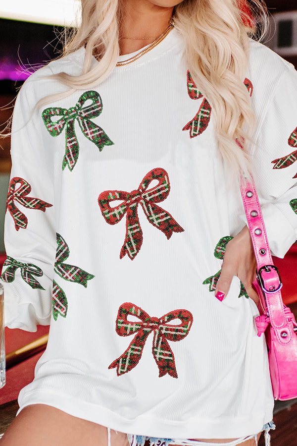 Christmas Plaid Bow Sequin Loose Casual Long-sleeved Sweatshirt