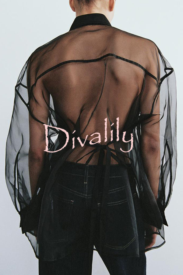 Party Partner Organza Patchwork Back Tie-up Semi-sheer Loose Blouse