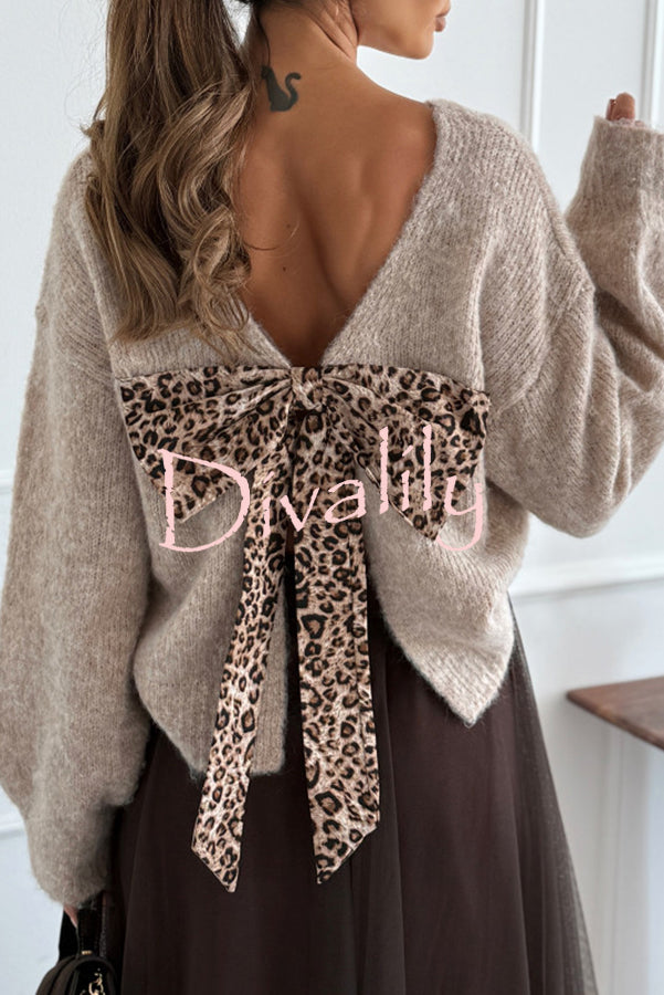 Gisella Knit Back Slit Leopard Print Bow Design Long Sleeve Relaxed Sweater