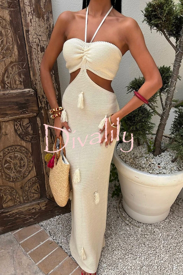 Fashion Halterneck Waist-baring Tassel-embellished Knitted Maxi Dress