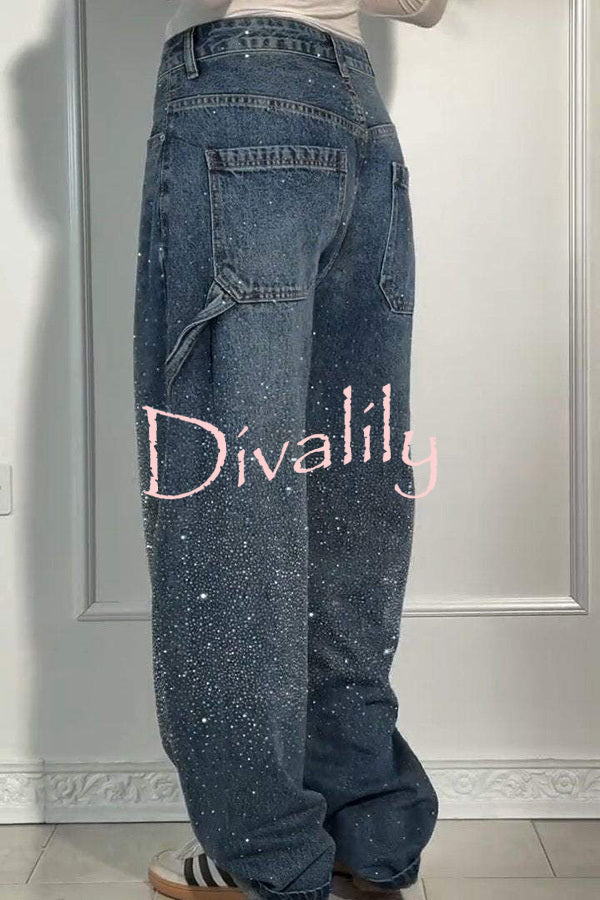 Fashionable Rhinestone Mid-rise Loose Pocket Straight Jeans