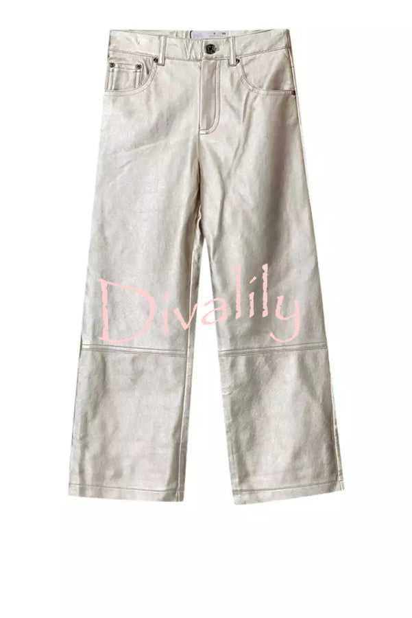 Tanie Metallic Fabric Mid-rise Pocket Cropped Wide Straight-leg Pants