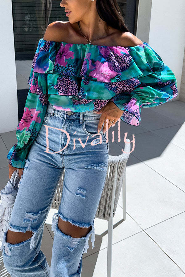 Colorful Botanical Print Sexy Off-shoulder Ruffle Top