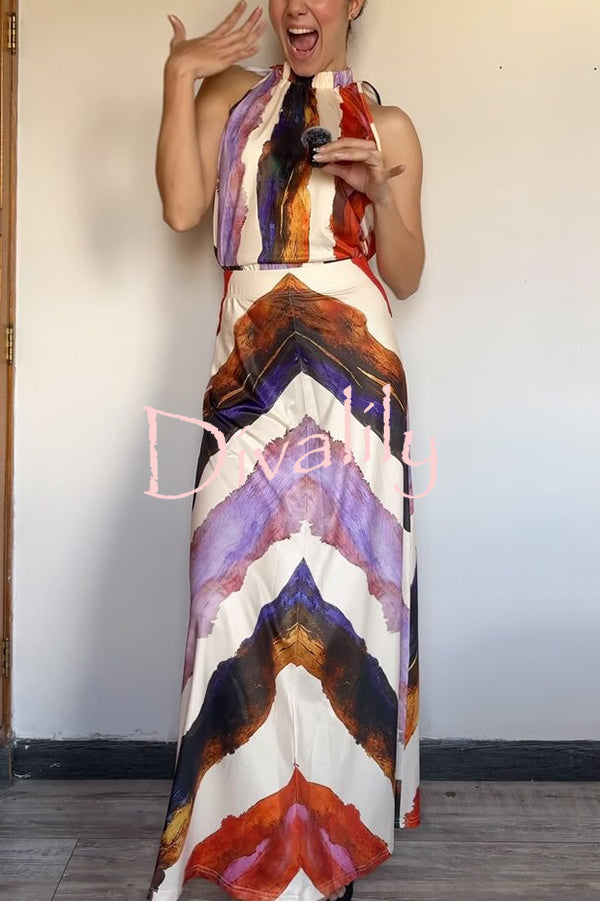 Unique Print Sleeveless Stretch Stand Collar Top and Elegant Maxi Skirt Set