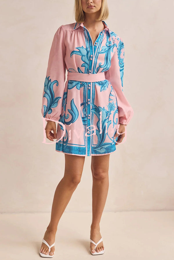 Botanical Print Lapel Puff Sleeve Vintage Belt Loose Mini Dress