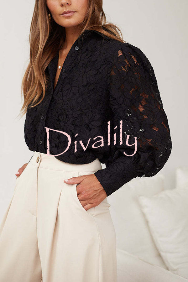 Sexy Hollow Lapel Casual Lace Shirt Top