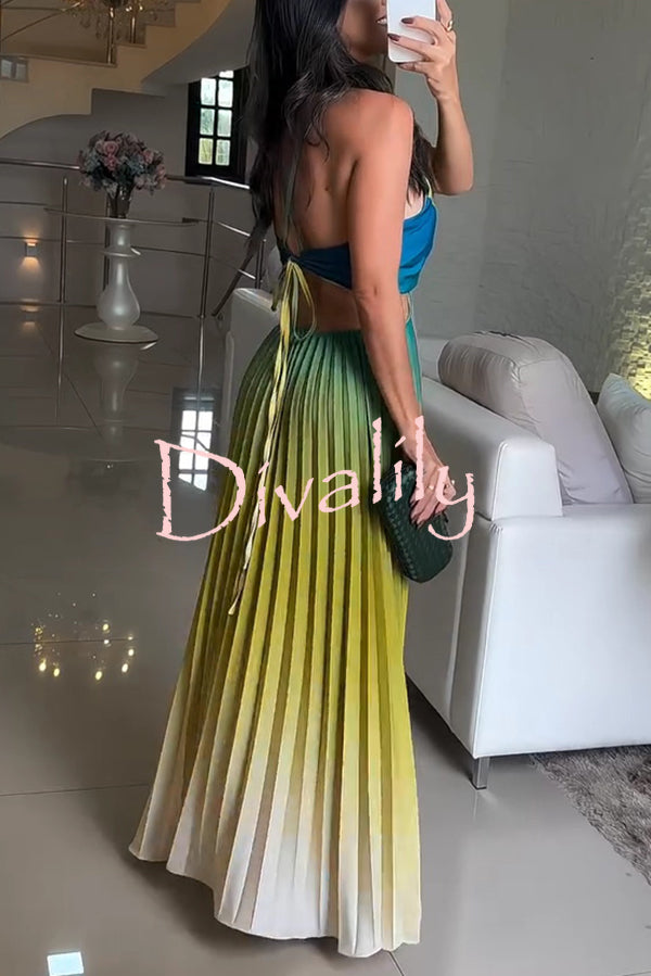 Fashionable Backless Tie Elegant Gradient Pleated Maxi Dress