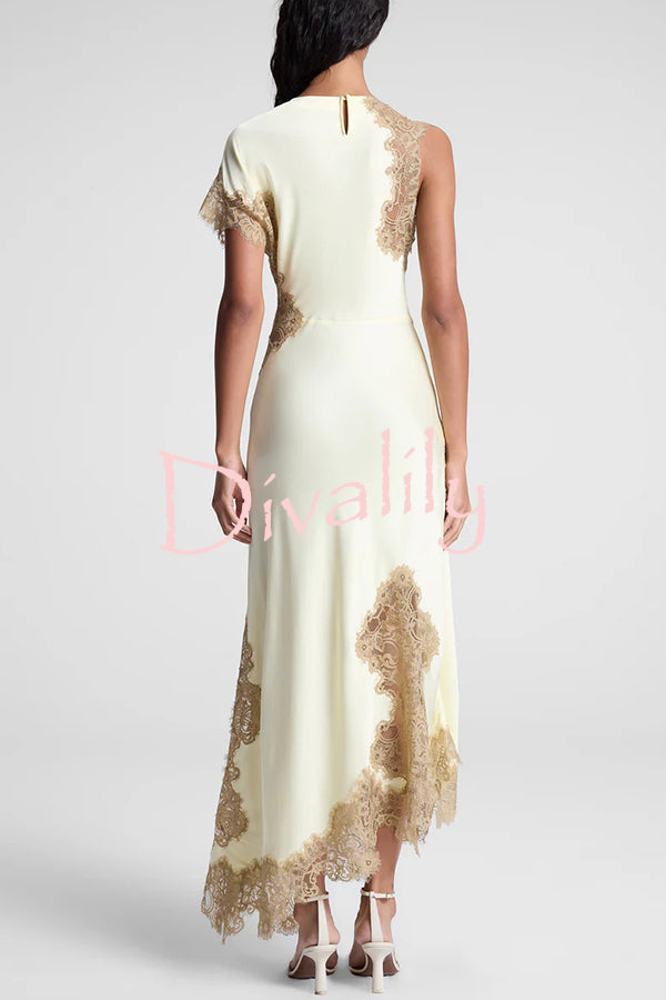 Paris Dream Satin Lace Trim Irregular Design Drape Maxi Dress