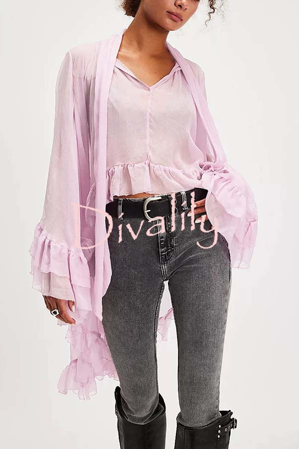 Flowy See-through Ruffle Tie-up Neck Bell Sleeve High-low Hem Cape Shirt